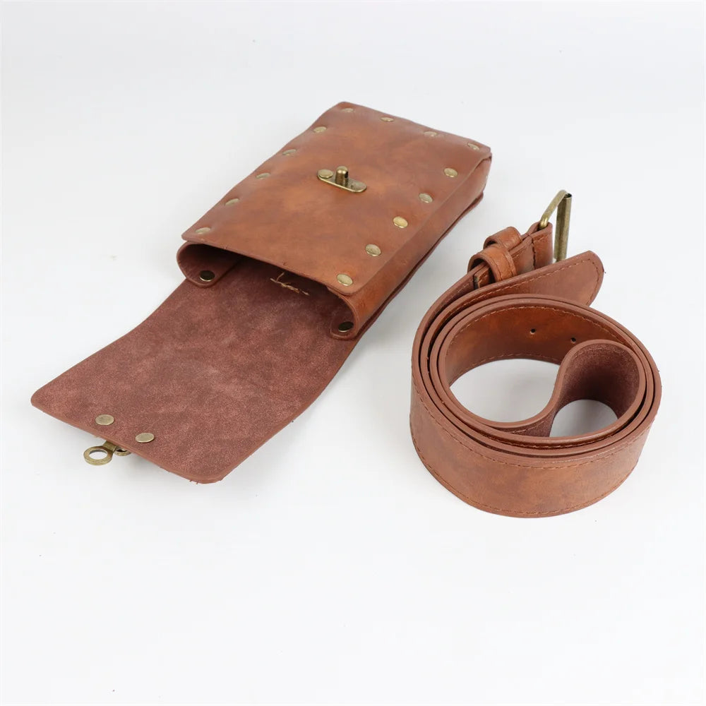 4PCS/1PCS MedievalCosplayLeather Belt Copper Coin Waist Bag Renaissance Dress Steam Belt Role Playing Halloween Belt Set Cosplay