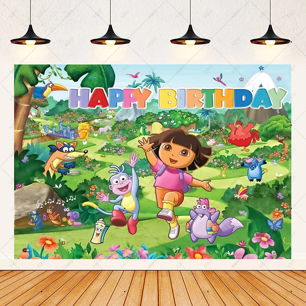 Cartoon-Dora-The-Explorer Theme Kids Birthday Party Digital Balloon Banner Background Cake Topper Decoration Supplies Baby Gifts