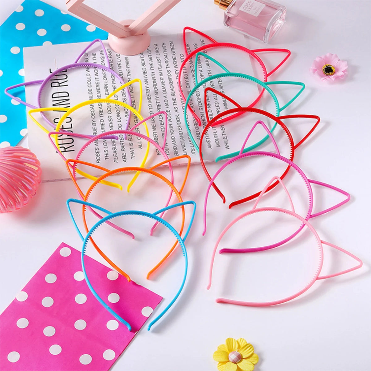 12PCS Kids Cat Ears Hairband Set Cute Solid Color Plastic Headband Tooth Outer Ear Accessory for Children Random Color