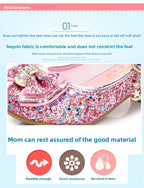 Princess Kids Leather Shoes for Girls Flower Casual Glitter Children High Heel Girls Shoes Butterfly Knot Blue Pink Silver