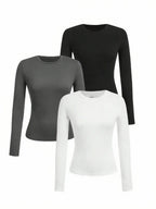 Women's solid-color long-sleeved T-shirt - Polyester knitted fabric, round neck, regular fit, fall-winter style
