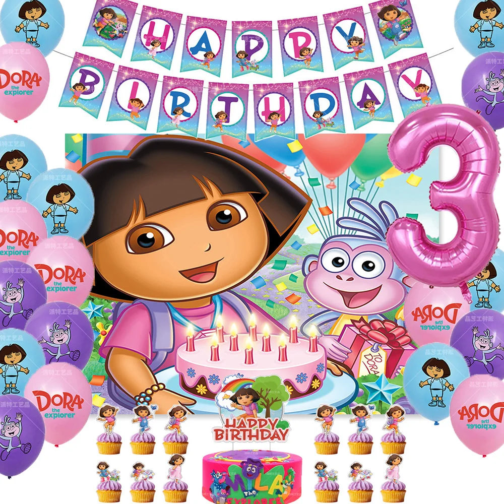 Cartoon-Dora-The-Explorer Theme Kids Birthday Party Digital Balloon Banner Background Cake Topper Decoration Supplies Baby Gifts