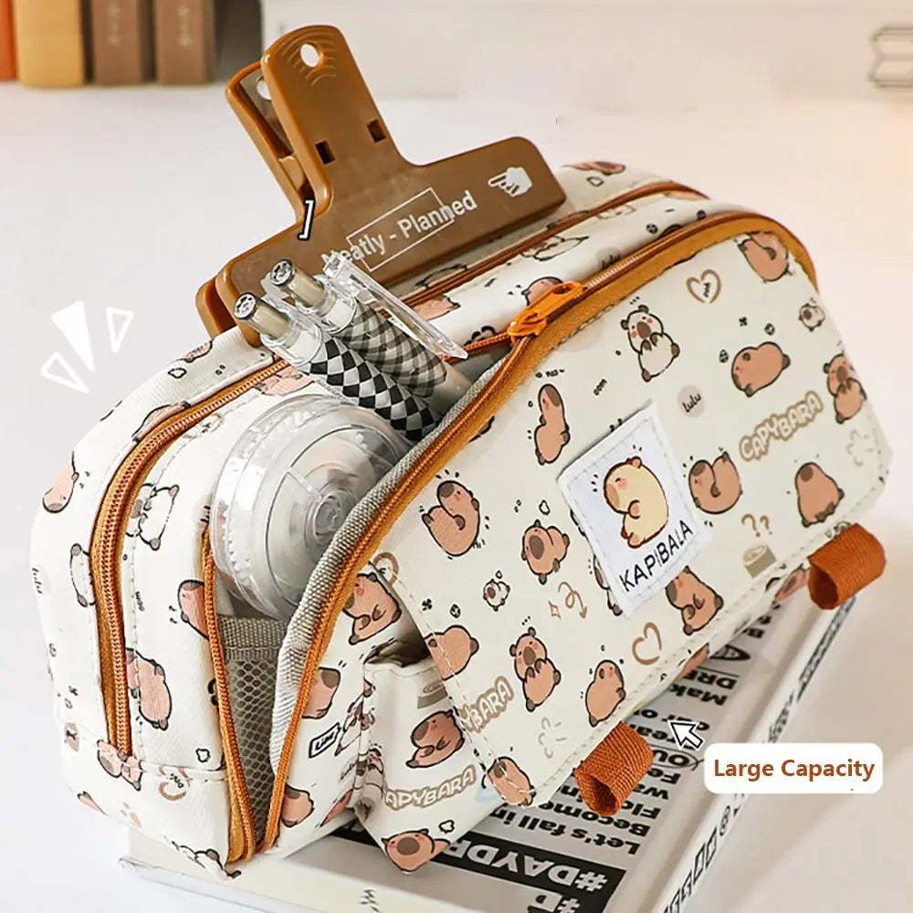 INS Capybara Four-layer Large Capacity Pen Bag Cute Cartoon Pencil Case Stationery Organizer Storage Bag For Students Gift