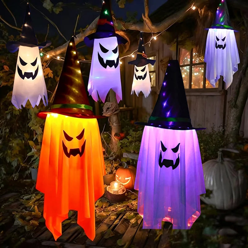 LED Flying Witch Hats Halloween Decorations Hanging Ghost Lights Glowing Wizard Lamp for Bar Party Dress Up
