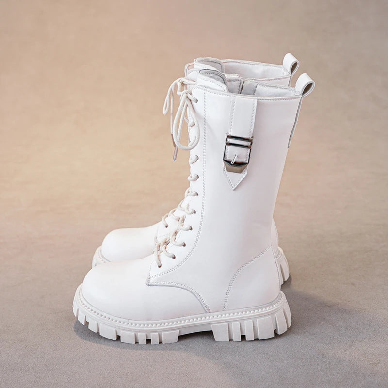 Elegant Zipper Baby Girl Casual Fashion Boots Autumn/winter Round Toe Warm Thick Sole Lace Comfortable Children's Midsole Boots
