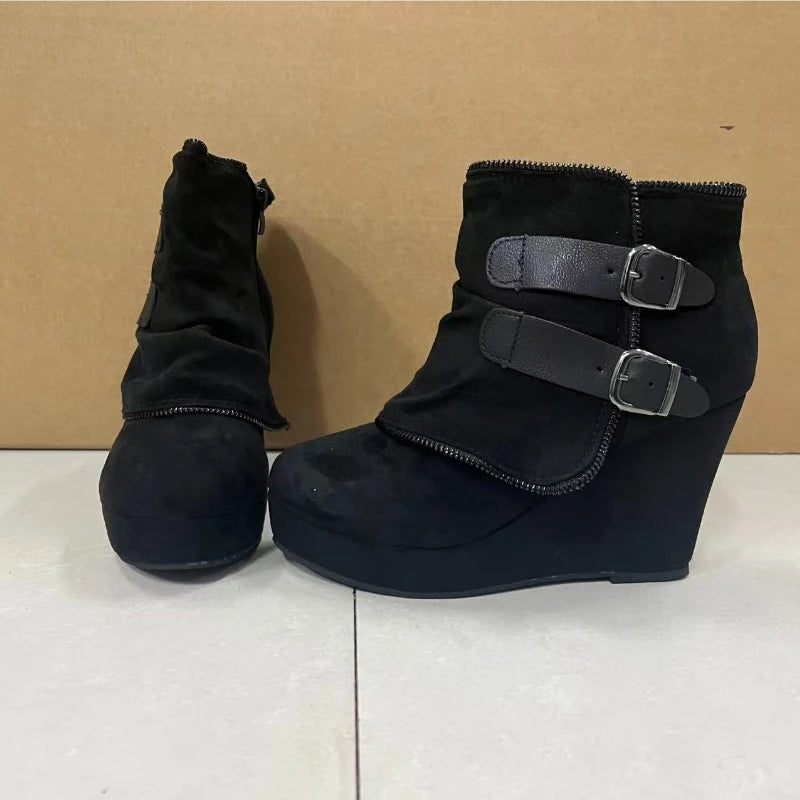 2025 New Women's Boots Zip Womens High Heels Suede Fashion Wedge Heels Durable Retro Women Ankle Boots Round Head Bottes Femmes