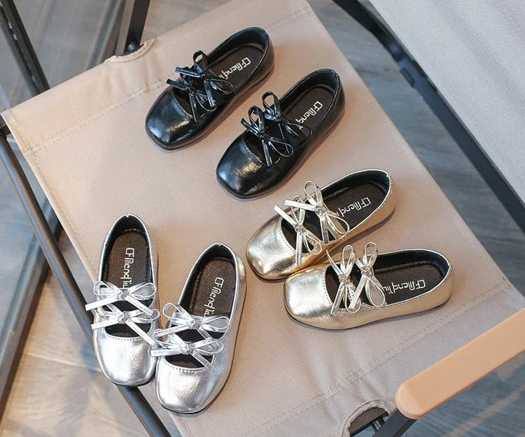 Kids Square Dance Performance Shoes Black Solid Color Girls Princess Shoe with Double Bow 2024 New Girls Leather Shoes Soft Sole