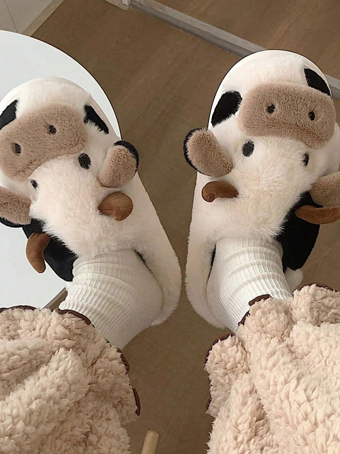 Cow Pattern Plush Slippers Cozy Winter House Shoes for Adults