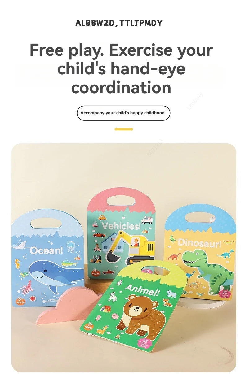 Sticker Books 3D Reusable Stickers Books Animal Dinosaurs Ocean World Vehicle Educational Travel Stickers