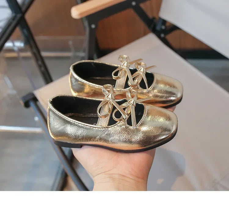 Kids Square Dance Performance Shoes Black Solid Color Girls Princess Shoe with Double Bow 2024 New Girls Leather Shoes Soft Sole