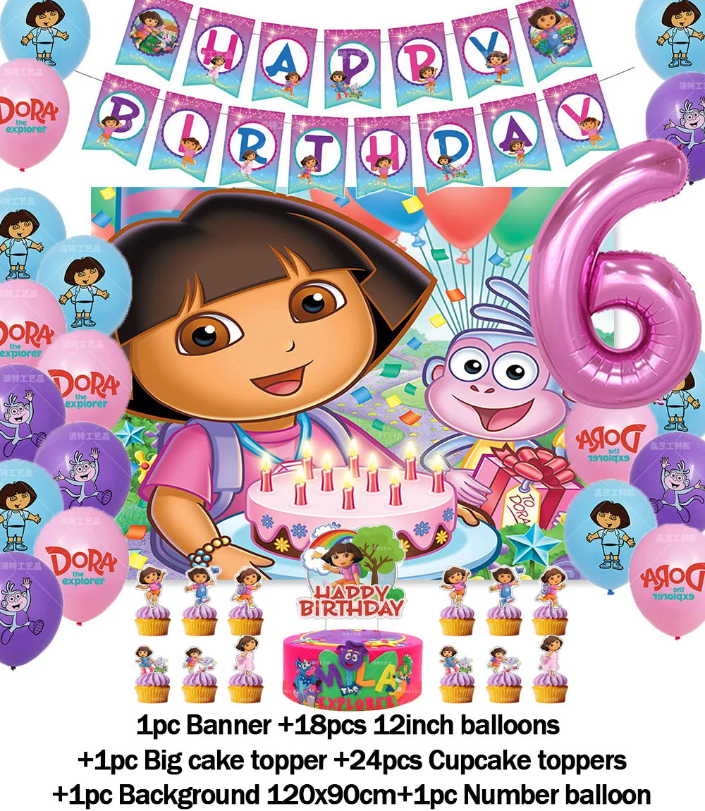 Cartoon-Dora-The-Explorer Theme Kids Birthday Party Digital Balloon Banner Background Cake Topper Decoration Supplies Baby Gifts