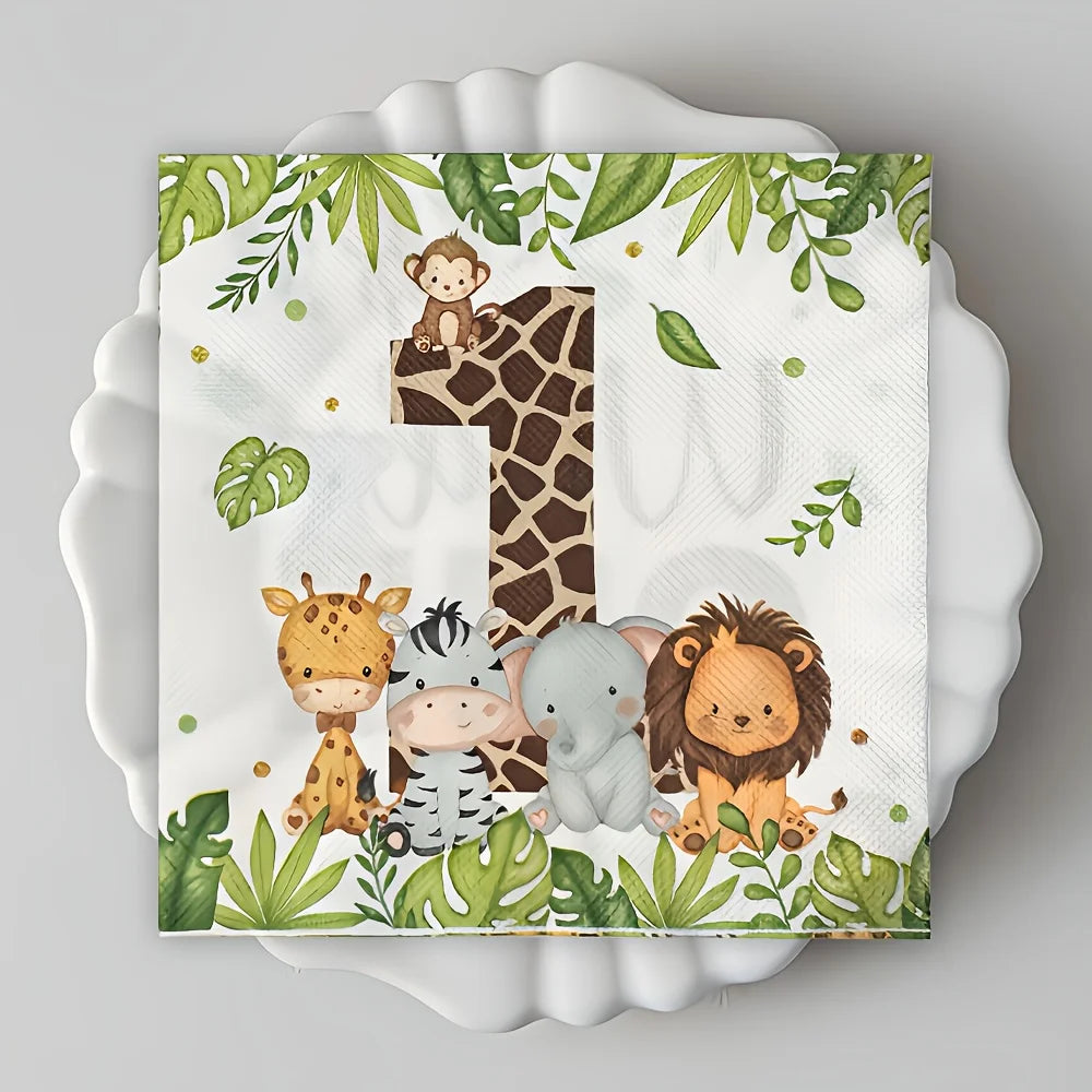 20Pcs/Bag Jungle Animals ONE Printed Napkins Wedding Birthday Baby Shower Party Paper Tissues Camping Hotel Table Napkins