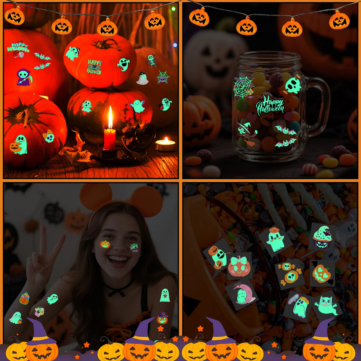 Glow-in-the-Dark Halloween Temporary Tattoos, with a variety of patterns, are suitable as party decorations and gifts，36 sheets