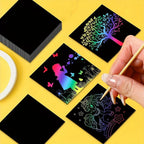 100pcs Scratch Paper Art Set Scratch Off Rainbow Magic Paper with 2 Bamboo Stylus Black Scratch Notes Xmas Birthday Gift Card