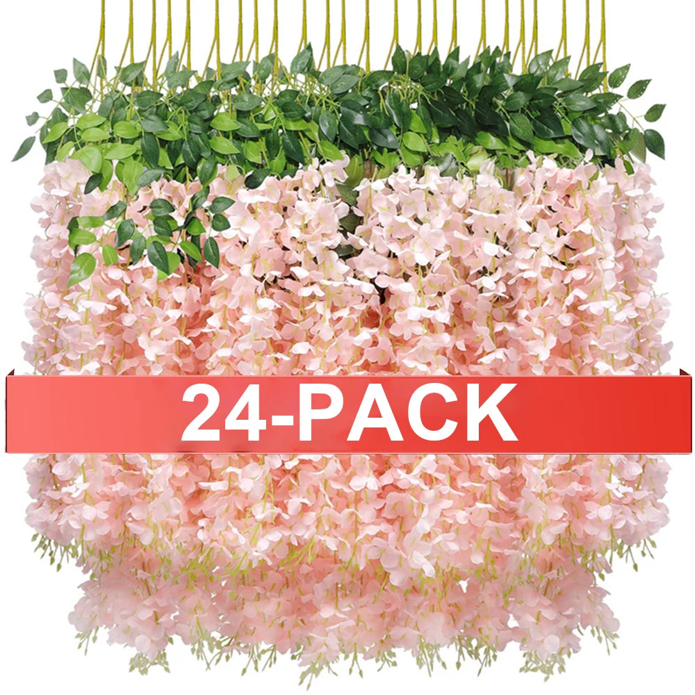 24PCS Artificial Wisteria Flowers Hanging Garland Fake Ivy Vine Flower String for Arch Wedding Party Home Room Decoration Flower