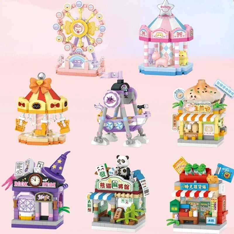 NEW Amusement Park Carousel Pirate Ship Ferris Wheel Halloween Game Street View Building Blocks Kit Girl Bricks Model Toy