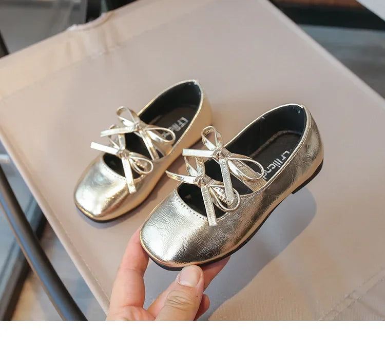 Kids Square Dance Performance Shoes Black Solid Color Girls Princess Shoe with Double Bow 2024 New Girls Leather Shoes Soft Sole