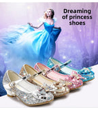 Princess Kids Leather Shoes for Girls Flower Casual Glitter Children High Heel Girls Shoes Butterfly Knot Blue Pink Silver