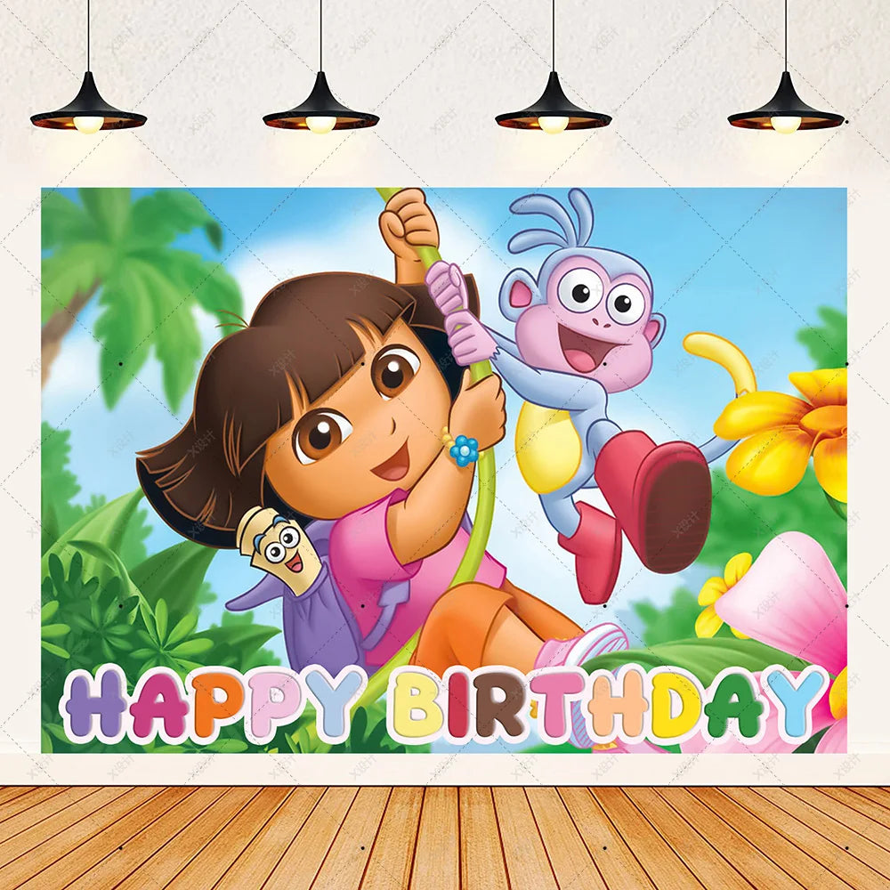 Cartoon-Dora-The-Explorer Theme Kids Birthday Party Digital Balloon Banner Background Cake Topper Decoration Supplies Baby Gifts