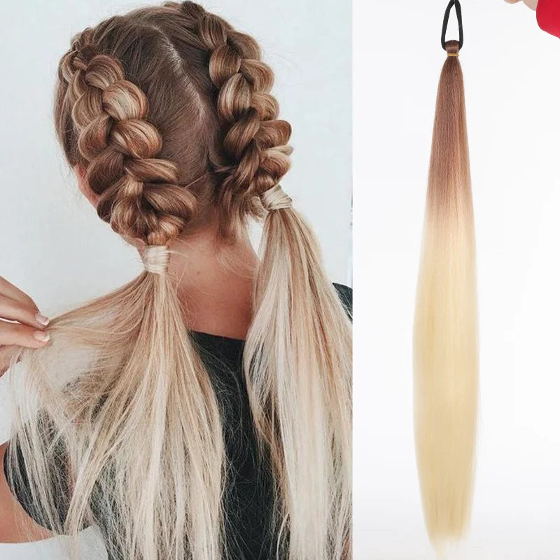 LUPU Synthetic Ponytail Extension with Elastic Tie Hair Band 26" Long Straight Colored Braiding Ponytail Ombre Pink Purple Blue