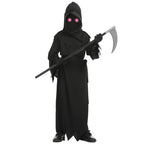Halloween Cosplay Costume Grim Reaper Scary Skeleton Costume Children Glowing Red Eyes Grim Reaper Ghost Robe Send Scythe Props