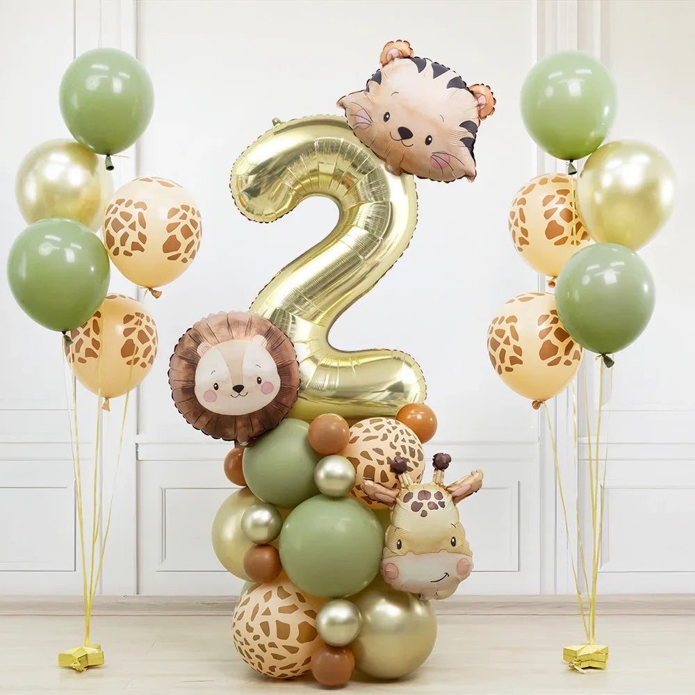 38pcs Wild Animal Balloon Tower with Gold 1-9 Number Balloon for Jungle Safari Birthday Party Decoration Forest Party Supply