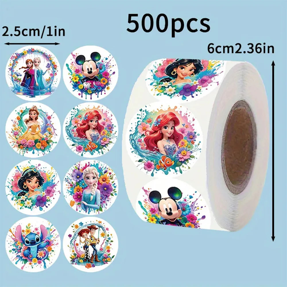 500pcs Disney Mix Anime Stickers Roll Cute Princess Mickey Mouse Sealing Label Decoration Decals Children Party Sticker Toy Gift