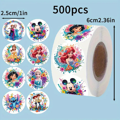 500pcs Disney Mix Anime Stickers Roll Cute Princess Mickey Mouse Sealing Label Decoration Decals Children Party Sticker Toy Gift