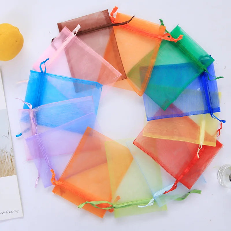 100pcs 7x9cm 10x12cm Colorful Organza Bag Packing Bag Sachet Organza Gift Bags For Jewelry Wedding Party Decor Drawstring Pouche