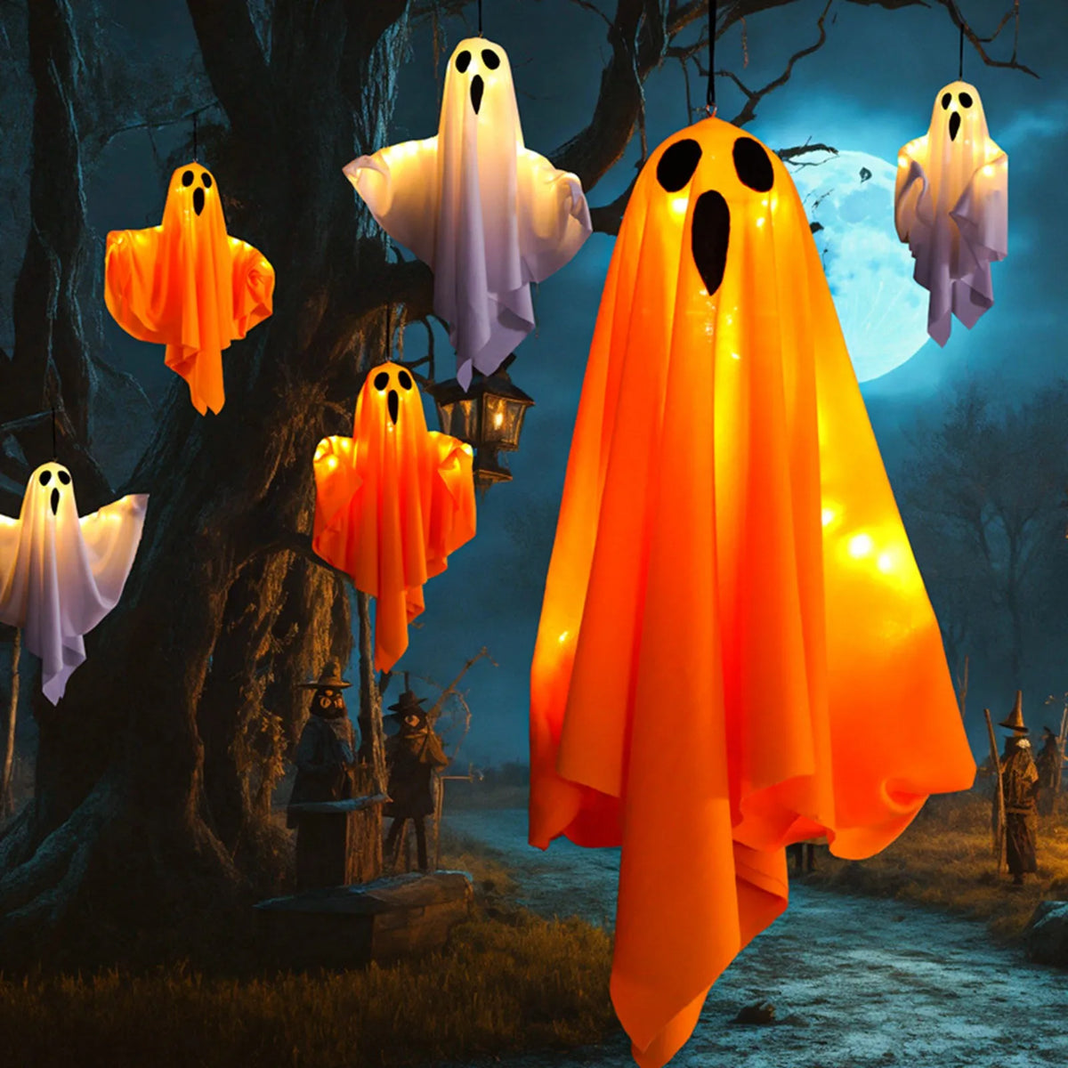 Halloween Ghost Hanging Decorations Halloween Hanging Light Up White Flying Ghosts Tree Window Wall Scary Ornament 50X40cm