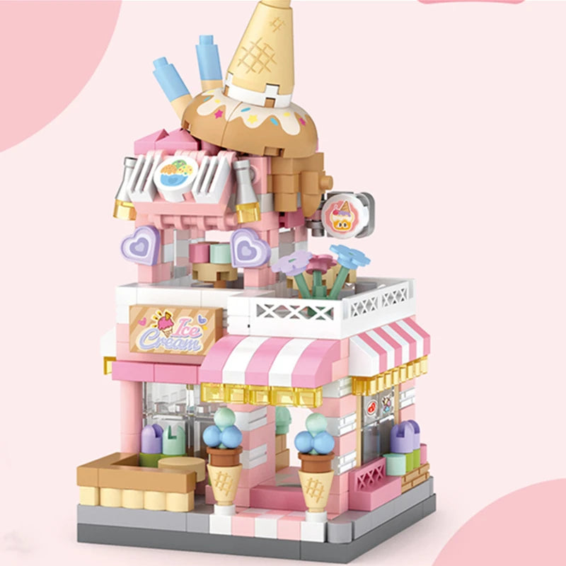 Mini ABS Self-Locking Bricks Street View Blocks Panda Coffee Ice Cream Flower Shop DIY Toy for Kids Girls Birthday Gift