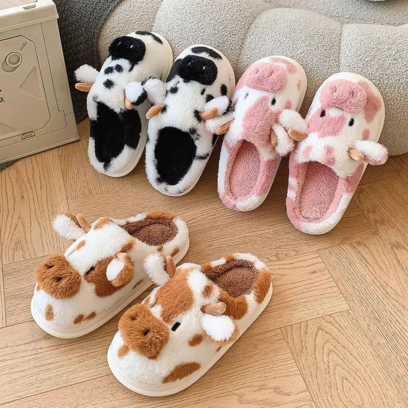Women's Fluffy Cow Slippers Plush Winter Home Slides Comfort