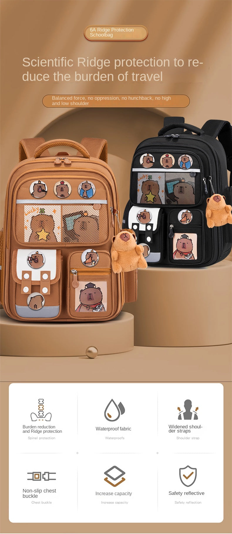 Capybara Children School Bags For Boys Girls Kids Alleviate Burden Protecting Spine Widen Straps School Backpack School Book Bag