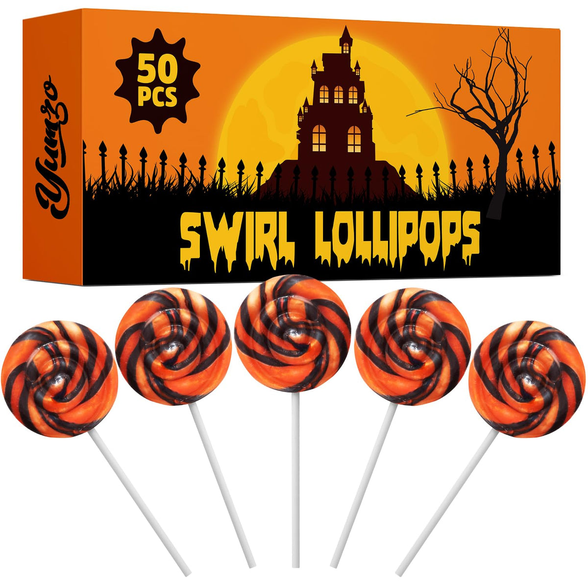 Halloween Orange and Black Swirl Lollipops, 50 Pack, Bulk