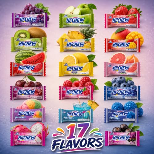 HI-CHEW Variety Mix, Pack of 6 Bags - 17 Flavor Assort Sweet and Sour Chewy Candy, Unique Fun Soft - Immensely Juicy Fruity Candy Flavors - Individually Wrapped Halloween Candy