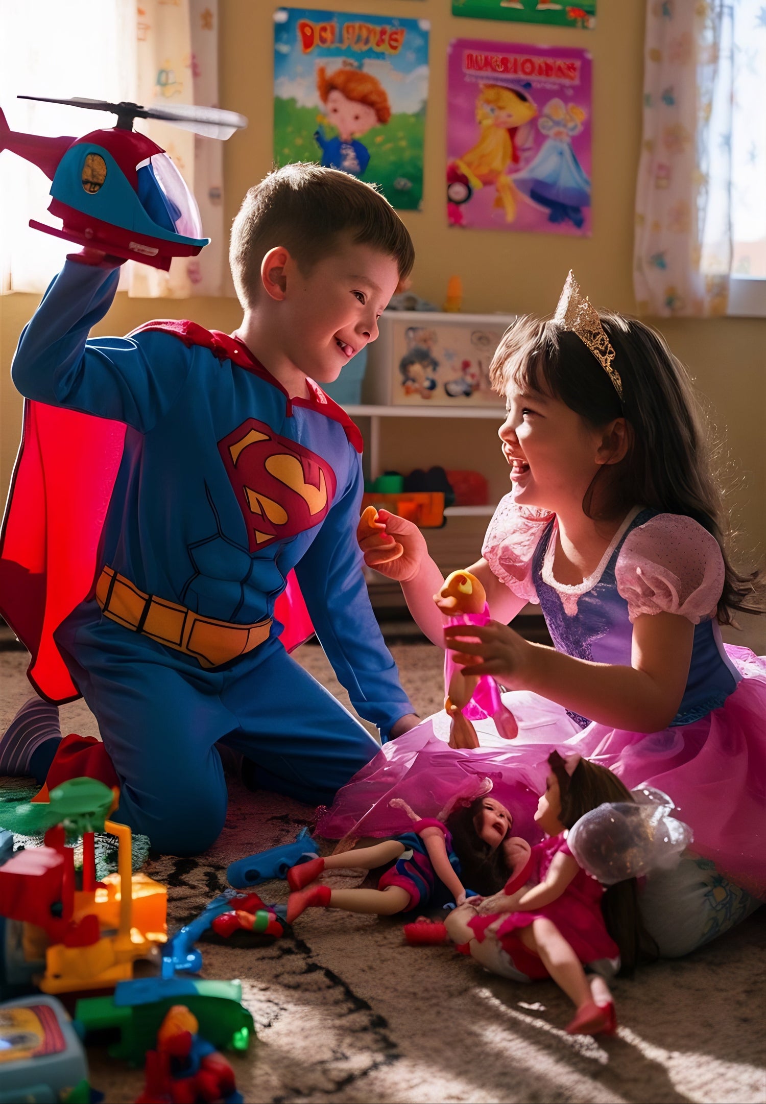 Two children playing in a room with superhero and princess posters on the wall.